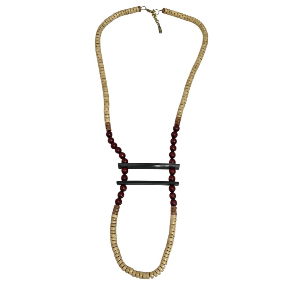 INK+ALLOY Long Beaded Necklace Women Boho Wood Heishi Bar Statement Pendant